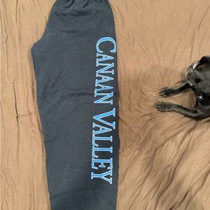 Black Sweatpants with Blue 'Canaan Valley' Print